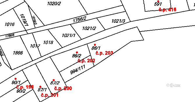 Jevišovice 203 na parcele st. 86/1 v KÚ Jevišovice, Katastrální mapa