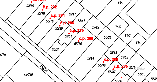Radslavice 288 na parcele st. 55/15 v KÚ Radslavice u Přerova, Katastrální mapa