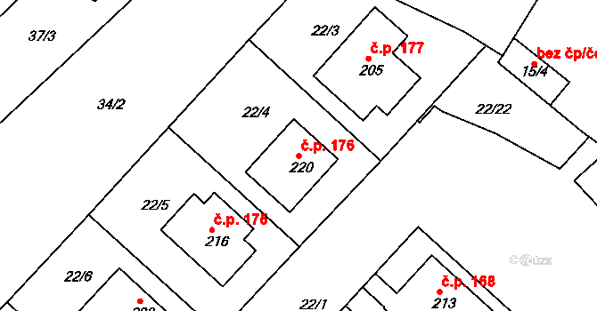 Kovanice 176 na parcele st. 220 v KÚ Kovanice, Katastrální mapa