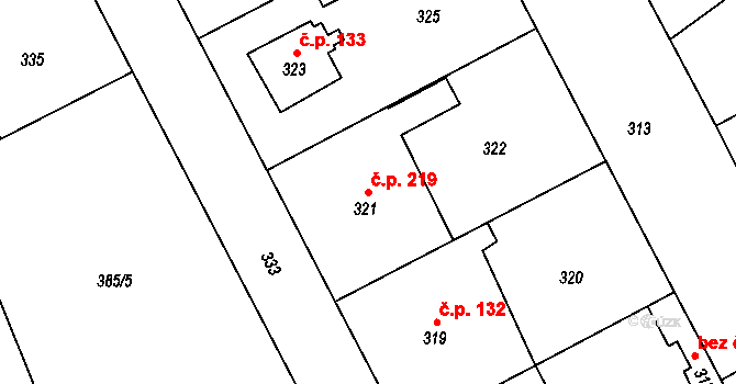 Zápy 219 na parcele st. 321 v KÚ Zápy, Katastrální mapa