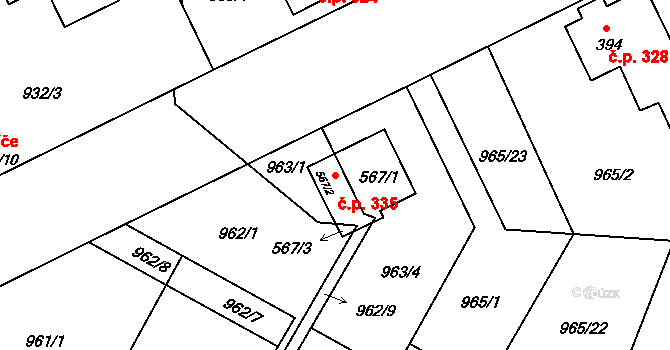 Lázně Toušeň 335 na parcele st. 567/1 v KÚ Lázně Toušeň, Katastrální mapa
