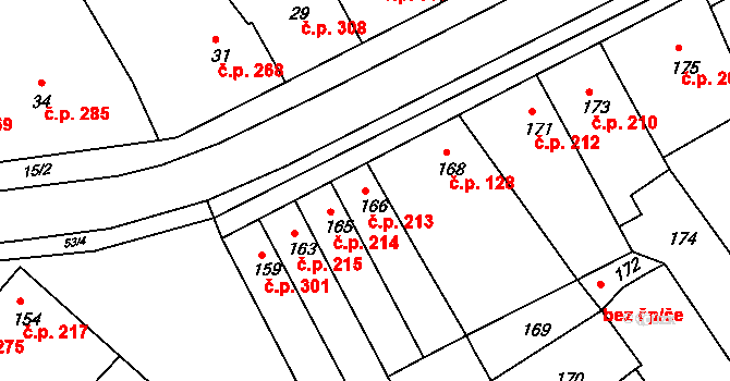 Šaratice 213 na parcele st. 166 v KÚ Šaratice, Katastrální mapa