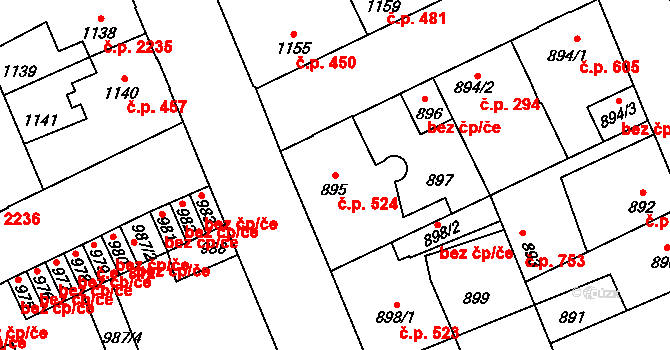 Kročehlavy 524, Kladno na parcele st. 895 v KÚ Kročehlavy, Katastrální mapa