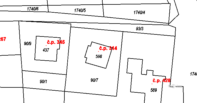 Rybí 314 na parcele st. 596 v KÚ Rybí, Katastrální mapa