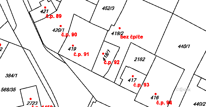 Třebechovice pod Orebem 92 na parcele st. 418/1 v KÚ Třebechovice pod Orebem, Katastrální mapa