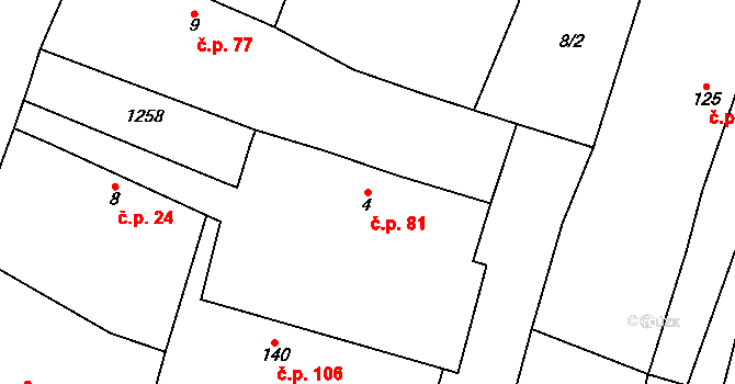Běchary 81 na parcele st. 4 v KÚ Běchary, Katastrální mapa