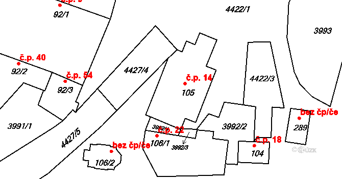 Jivno 14 na parcele st. 105 v KÚ Jivno, Katastrální mapa