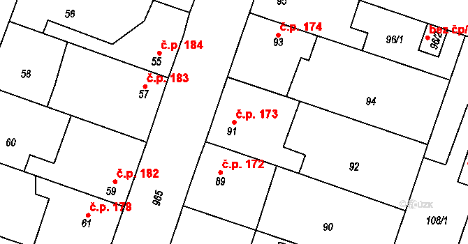 Kostomlaty nad Labem 173 na parcele st. 91 v KÚ Kostomlaty nad Labem, Katastrální mapa