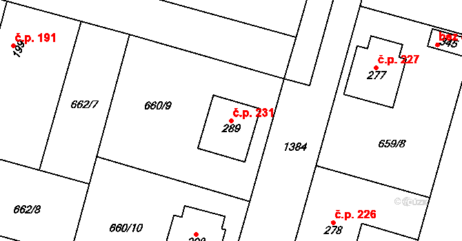 Krchleby 231 na parcele st. 289 v KÚ Krchleby u Nymburka, Katastrální mapa