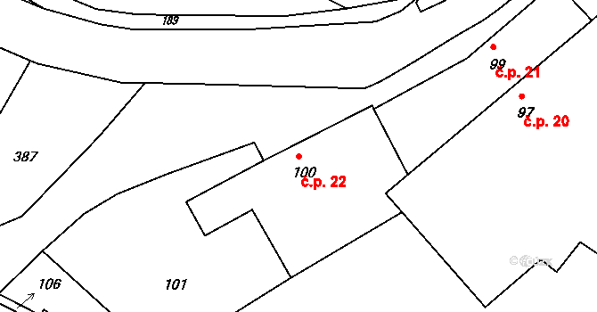 Lomy 22 na parcele st. 100 v KÚ Lomy u Jemnice, Katastrální mapa