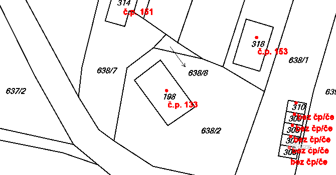 Bzí 133, Železný Brod na parcele st. 198 v KÚ Bzí u Železného Brodu, Katastrální mapa