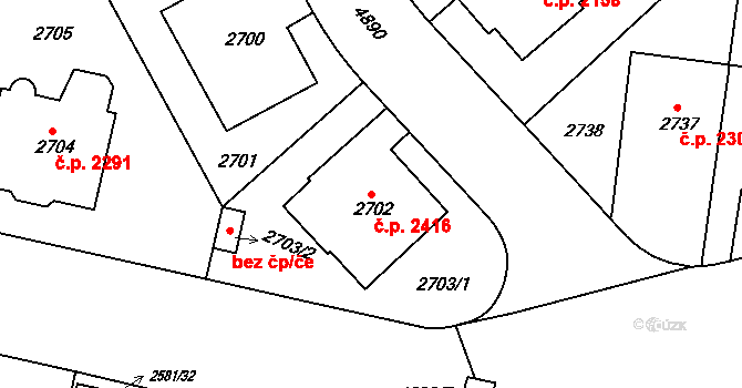 Smíchov 2416, Praha na parcele st. 2702 v KÚ Smíchov, Katastrální mapa