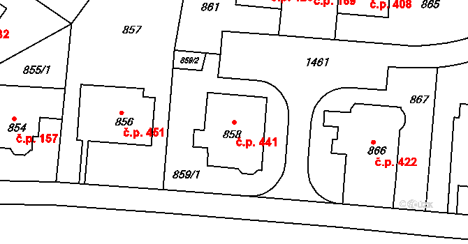 Jinonice 441, Praha na parcele st. 858 v KÚ Jinonice, Katastrální mapa