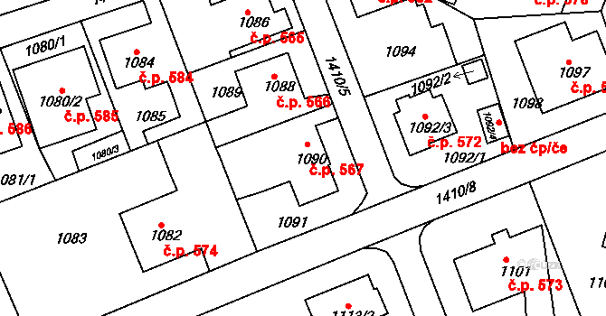 Řepy 567, Praha na parcele st. 1090 v KÚ Řepy, Katastrální mapa