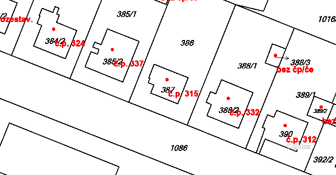 Čimice 315, Praha na parcele st. 387 v KÚ Čimice, Katastrální mapa