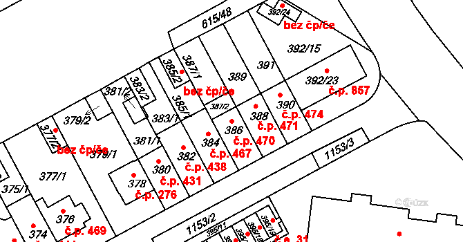 Prosek 470, Praha na parcele st. 386 v KÚ Prosek, Katastrální mapa