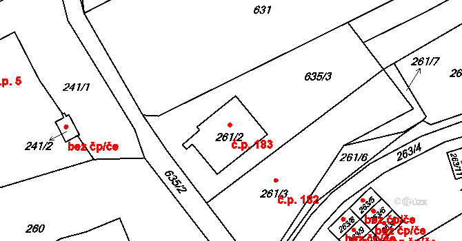 Dolní Libchava 183, Česká Lípa na parcele st. 261/2 v KÚ Dolní Libchava, Katastrální mapa