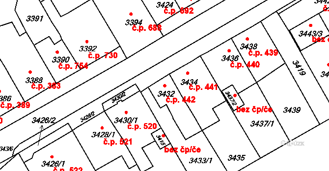 Jirkov 442 na parcele st. 3432 v KÚ Jirkov, Katastrální mapa