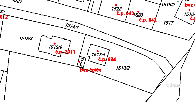 Bolevec 884, Plzeň na parcele st. 1513/4 v KÚ Bolevec, Katastrální mapa