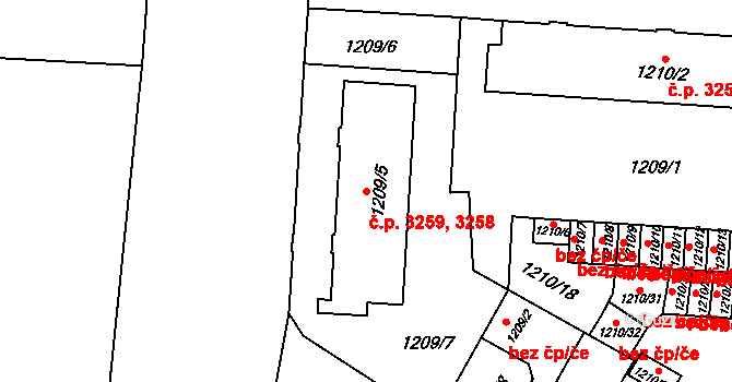 Prostějov 3258,3259 na parcele st. 1209/5 v KÚ Prostějov, Katastrální mapa