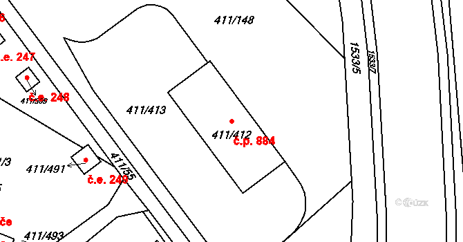 Ráj 884, Karviná na parcele st. 411/412 v KÚ Ráj, Katastrální mapa