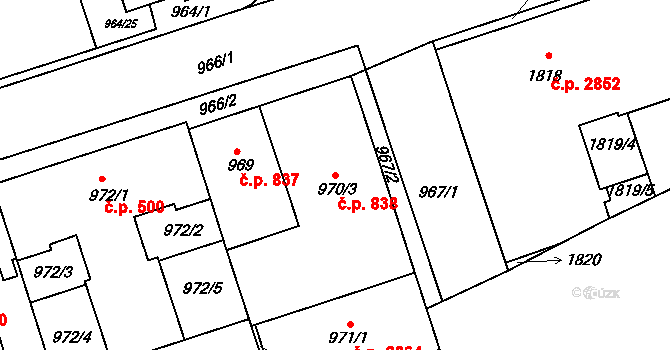 Žižkov 838, Praha na parcele st. 970/3 v KÚ Žižkov, Katastrální mapa