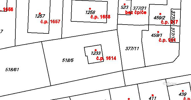 Hostivice 1614 na parcele st. 1233 v KÚ Litovice, Katastrální mapa