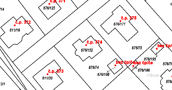 Stonařov 374 na parcele st. 876/152 v KÚ Stonařov, Katastrální mapa