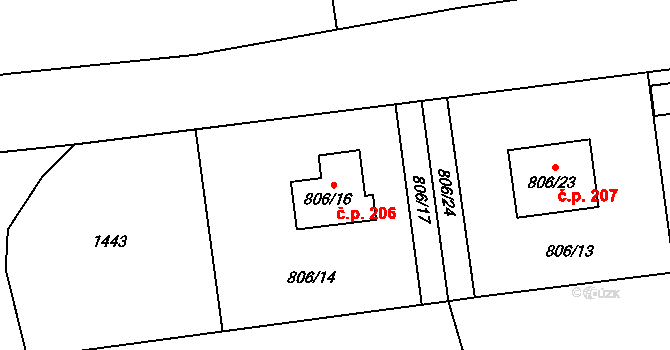Meclov 206 na parcele st. 806/16 v KÚ Meclov, Katastrální mapa