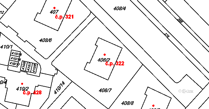 Fryšták 322 na parcele st. 408/2 v KÚ Fryšták, Katastrální mapa