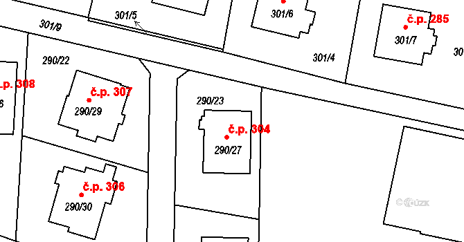Oldřišov 304 na parcele st. 290/27 v KÚ Oldřišov, Katastrální mapa