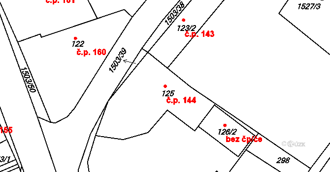 Rosice 144 na parcele st. 125 v KÚ Rosice u Chrasti, Katastrální mapa