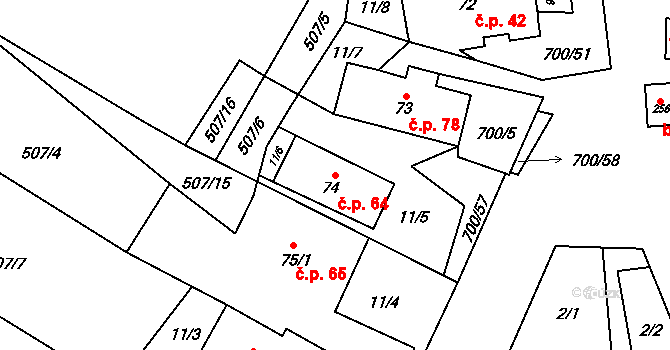 Jeníkov 64 na parcele st. 74 v KÚ Jeníkov u Hlinska, Katastrální mapa