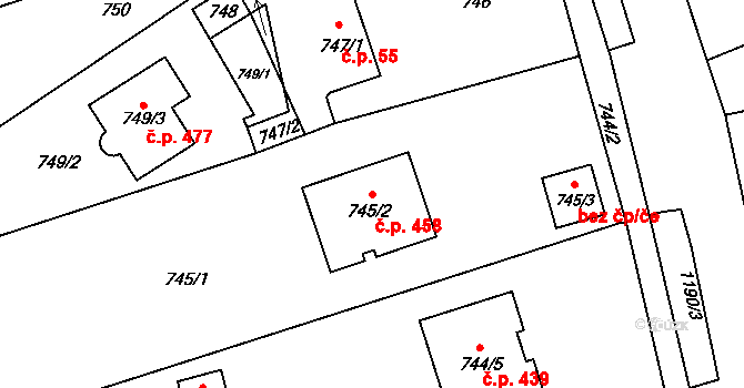 Brná 458, Ústí nad Labem na parcele st. 745/2 v KÚ Brná nad Labem, Katastrální mapa