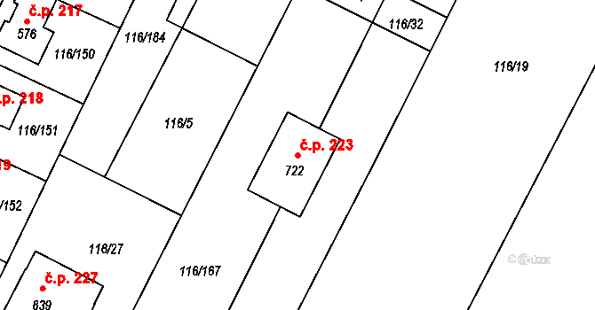Horoušany 223 na parcele st. 722 v KÚ Horoušany, Katastrální mapa