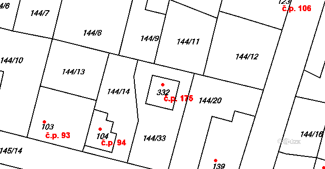 Hlavenec 175 na parcele st. 332 v KÚ Hlavenec, Katastrální mapa