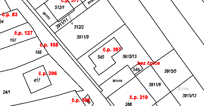 Kudlovice 397 na parcele st. 545 v KÚ Kudlovice, Katastrální mapa