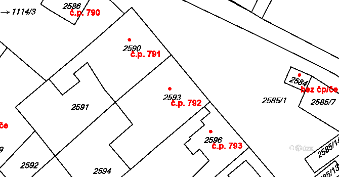 Valtice 792 na parcele st. 2593 v KÚ Valtice, Katastrální mapa