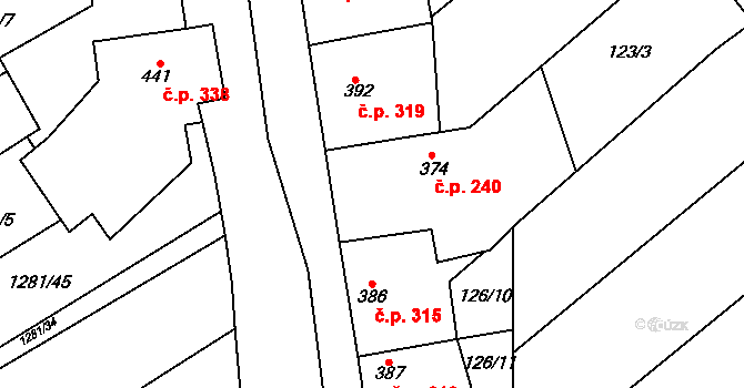 Vrbice 240 na parcele st. 374 v KÚ Vrbice u Velkých Pavlovic, Katastrální mapa