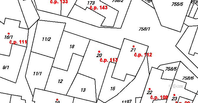 Runářov 113, Konice na parcele st. 20 v KÚ Runářov, Katastrální mapa