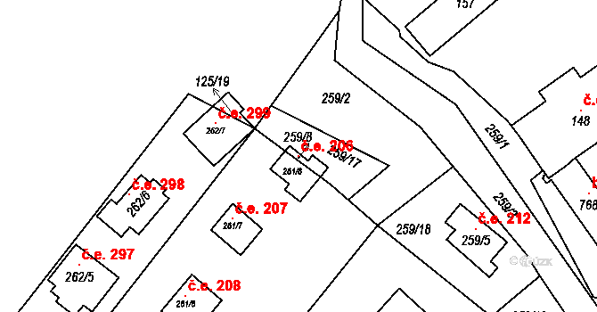 Bítov 206 na parcele st. 261/8 v KÚ Bítov, Katastrální mapa