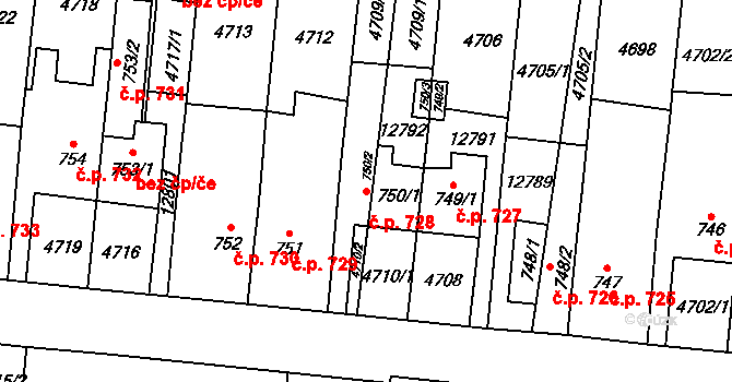 Hrušovany nad Jevišovkou 728 na parcele st. 750/1 v KÚ Hrušovany nad Jevišovkou, Katastrální mapa
