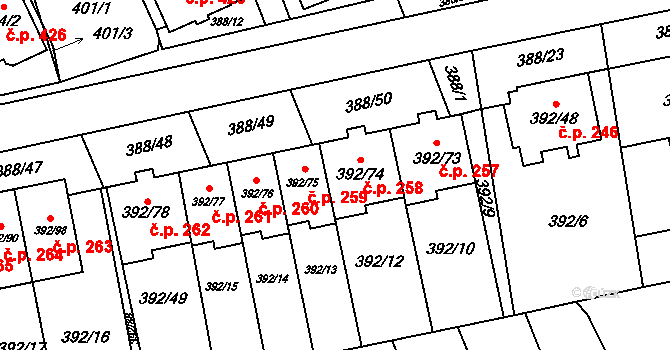 Oblekovice 258, Znojmo na parcele st. 392/74 v KÚ Oblekovice, Katastrální mapa