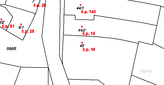 Močovice 16 na parcele st. 45 v KÚ Močovice, Katastrální mapa