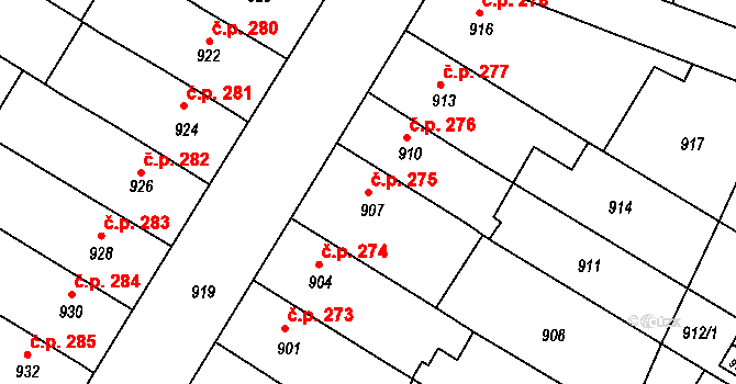 Hrušovany u Brna 275 na parcele st. 907 v KÚ Hrušovany u Brna, Katastrální mapa