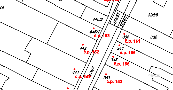 Milokošť 152, Veselí nad Moravou na parcele st. 443 v KÚ Milokošť, Katastrální mapa