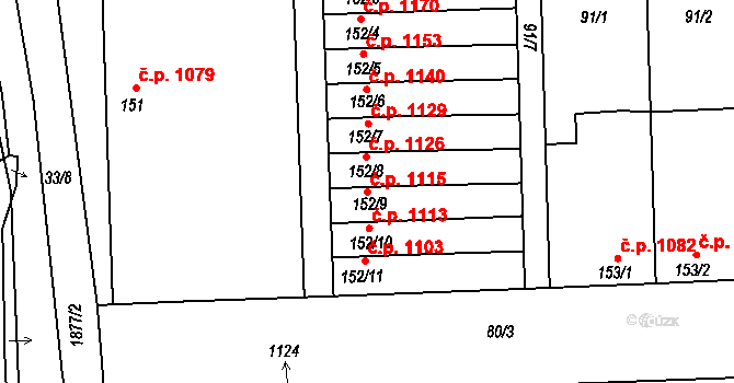 Švermov 1115, Kladno na parcele st. 152/9 v KÚ Hnidousy, Katastrální mapa