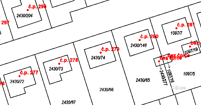 Dačice V 279, Dačice na parcele st. 2430/74 v KÚ Dačice, Katastrální mapa