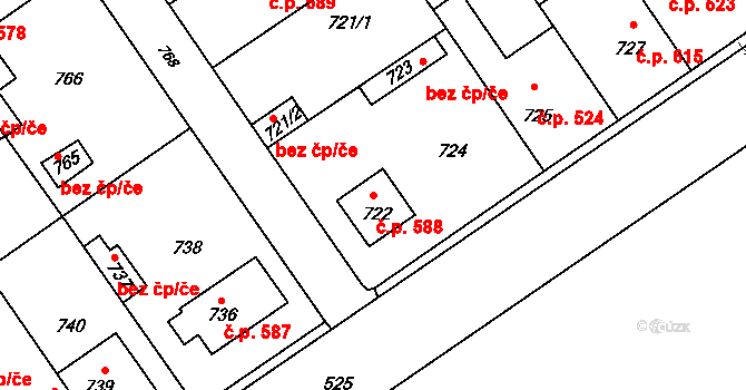 Buštěhrad 588 na parcele st. 722 v KÚ Buštěhrad, Katastrální mapa