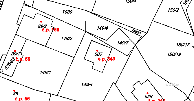 Předměřice nad Labem 349 na parcele st. 507 v KÚ Předměřice nad Labem, Katastrální mapa